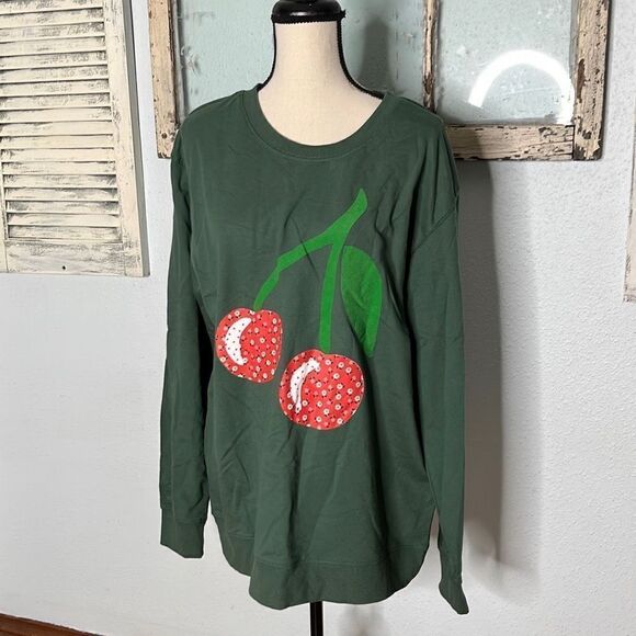 Mighty Fine Womens Sweatshirt Cherry Crewneck Hunter Green Size 1X NWT - Picture 2 of 9